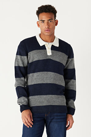 Erkek Lacivert-gri Standart Fit Normal Kesim Polo Yaka Çizgili Triko Kazak