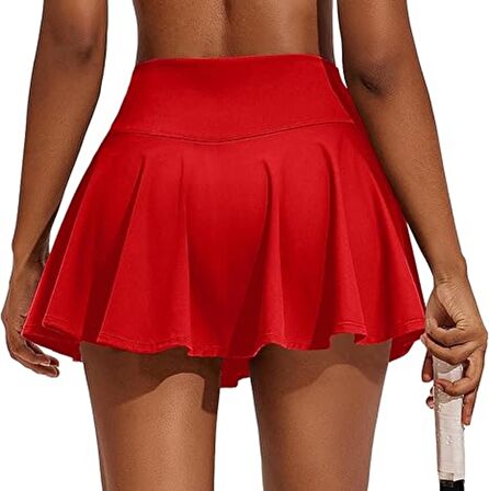 Kırmızı Yüksek Bel Tenis Etek - DARKALIP Şort Etek - Cepli Mini Spor Etek- İçi Taytlı Çift Katman