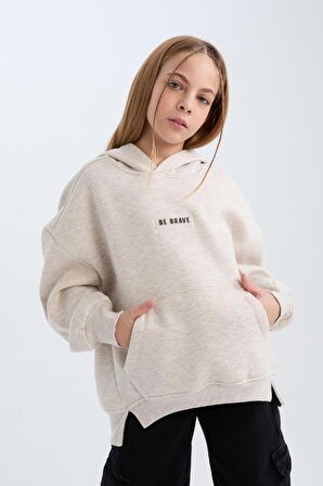 DeFacto Kız Çocuk Oversize Geniş Kalıp Kapüşonlu Baskılı İçi Yumuşak Tüylü Kalın Sweatshirt D6185A824WNBG588