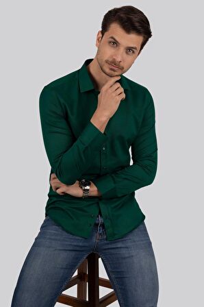Kına Yeşili Kare Düğmeli Slimfit Gömlek