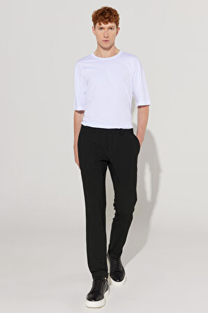 Erkek Siyah Slim Fit Dar Kesim Gofre Desenli Esnek Beli Bağlamalı Pantolon