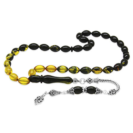 925 Ayar Gümüş Püsküllü Arpa Kesim Süzme Sarı-Siyah Ateş Kehribar Tesbih