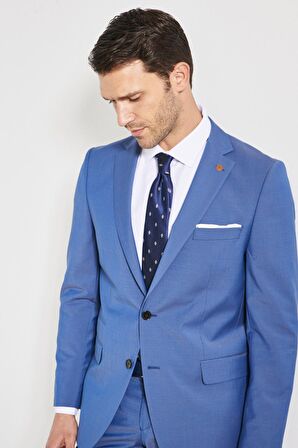 Erkek Mavi Slim Fit Dar Kesim Mono Yaka Desenli Mavi Klasik Takım Elbise