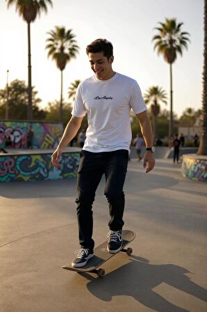 Erkek  Slim Fit Los Angeles Baskılı Pamuklu T-Shirt