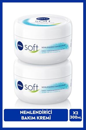 Nivea Soft Nemlendirici El Yüz ve Vücut Bakım Kremi 300ml, Jojoba Yağı, E Vitamini, Pürüzsüz Cilt, X2 Adet