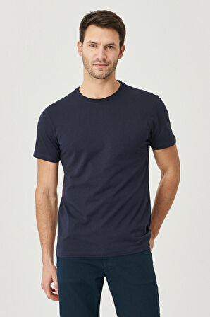 Erkek Lacivert Slim Fit Dar Kesim Bisiklet Yaka %100 Pamuk 2'li Tişört Paketi