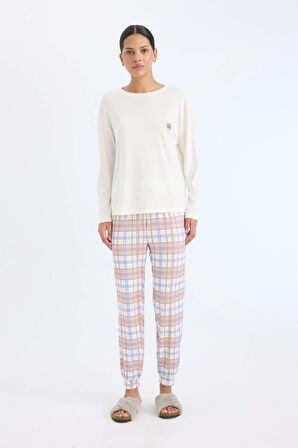 DeFacto Pijama Takımı Regular Fit Uzun Kollu Üst Kareli Uzun Alt-Fall in Love D2263AX24WNBG78