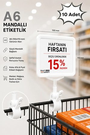 10 Adet - A6 Fiyatlık Mandallı Etiketlik | Sepet Raf Askılık Fiyat Etiketi Çerçeveli Market Mağaza Beyaz