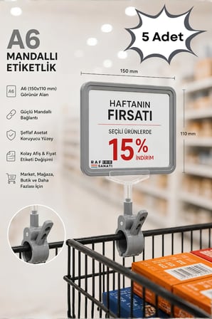 5 Adet - A6 Fiyatlık Mandallı Etiketlik | Sepet Raf Askılık Fiyat Etiketi Çerçeveli Market Mağaza Gri