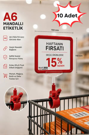 10 Adet - A6 Fiyatlık Mandallı Etiketlik | Sepet Raf Askılık Fiyat Etiketi Çerçeveli Market Mağaza Kırmızı