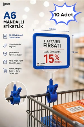 10 Adet - A6 Fiyatlık Mandallı Etiketlik | Sepet Raf Askılık Fiyat Etiketi Çerçeveli Market Mağaza Mavi