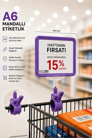 A6 Fiyatlık Mandallı Etiketlik | Sepet Raf Askılık Fiyat Etiketi Çerçeveli Market Mağaza Mor