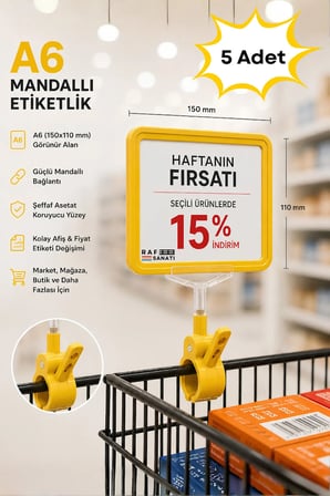 5 Adet - A6 Fiyatlık Mandallı Etiketlik | Sepet Raf Askılık Fiyat Etiketi Çerçeveli Market Mağaza Sarı