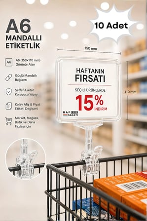 10 Adet - A6 Fiyatlık Mandallı Etiketlik | Sepet Raf Askılık Fiyat Etiketi Çerçeveli Market Mağaza Şeffaf