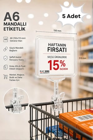 5 Adet - A6 Fiyatlık Mandallı Etiketlik | Sepet Raf Askılık Fiyat Etiketi Çerçeveli Market Mağaza Şeffaf