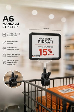 A6 Fiyatlık Mandallı Etiketlik | Sepet Raf Askılık Fiyat Etiketi Çerçeveli Market Mağaza Siyah