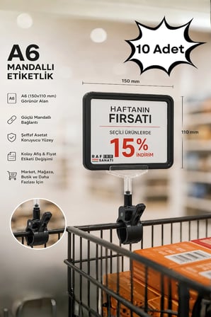 10 Adet - A6 Fiyatlık Mandallı Etiketlik | Sepet Raf Askılık Fiyat Etiketi Çerçeveli Market Mağaza Siyah