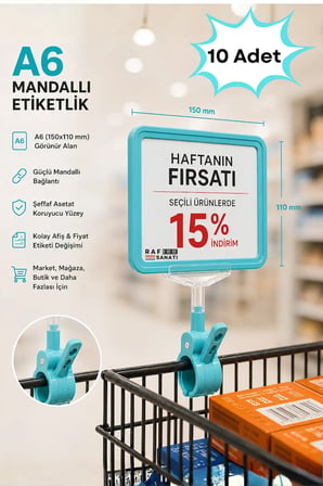 10 Adet - A6 Fiyatlık Mandallı Etiketlik | Sepet Raf Askılık Fiyat Etiketi Çerçeveli Market Mağaza Turkuaz