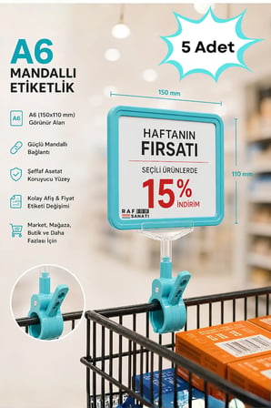 5 Adet - A6 Fiyatlık Mandallı Etiketlik | Sepet Raf Askılık Fiyat Etiketi Çerçeveli Market Mağaza Turkuaz