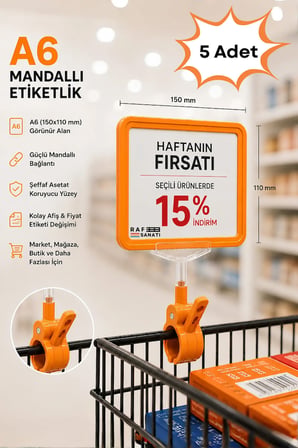 5 Adet - A6 Fiyatlık Mandallı Etiketlik | Sepet Raf Askılık Fiyat Etiketi Çerçeveli Market Mağaza Turuncu