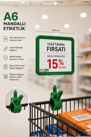 A6 Fiyatlık Mandallı Etiketlik | Sepet Raf Askılık Fiyat Etiketi Çerçeveli Market Mağaza Yeşil