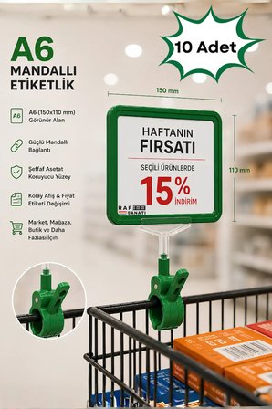 10 Adet - A6 Fiyatlık Mandallı Etiketlik | Sepet Raf Askılık Fiyat Etiketi Çerçeveli Market Mağaza Yeşil