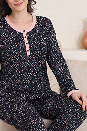 Kadın Lacivert Çiçek Desen Bisiklet Yaka 3 Düğmeli Likralı Viskon Kısa Kol Pijama Takımı