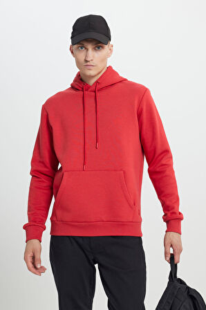 Erkek Kırmızı Standart Fit Normal Kesim Içi Polarlı 3 Iplik Kapüşonlu Pamuklu Sweatshirt