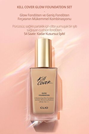 Yoğun Işıltı Sunan Fondöten+Fırça Seti Clio Kill Cover Glow Foundation Set (2.5 Ivory) Spf50+PA++++