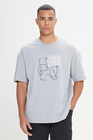 Erkek Gri Oversize Bol Kesim Bisiklet Yaka %100 Pamuk Baskılı Tişört