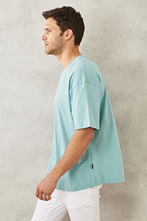 Erkek Petrol Oversize Bol Kesim Bisiklet Yaka %100 Pamuk Tişört