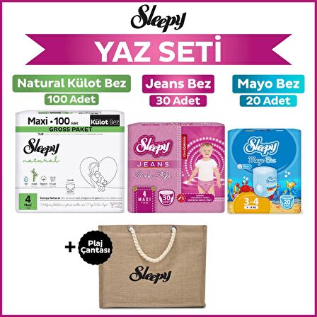 Sleepy 4 Numara Maxi Natural Gross 100+Mayo Bez 20+Pink Jeans Külot Bez 30+Plaj Çantası