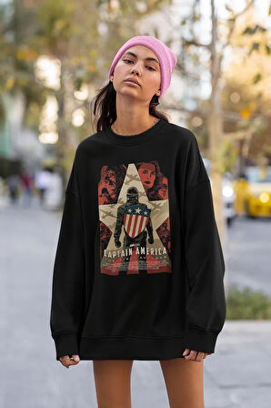 Kaptan Amerika Baskılı Unisex Oversize Marvel Captain America Sweatshirt