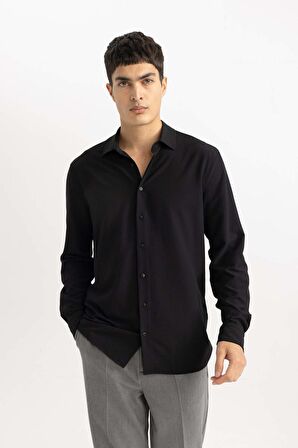 DeFacto Modern Fit Polo Yaka Basic Düz Krinkıl Uzun Kollu Siyah Gömlek B7384AX24SPBK27