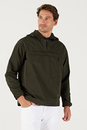 Erkek Haki Standart Fit Normal Kesim Kanguru Cepli Kapüşonlu Mont