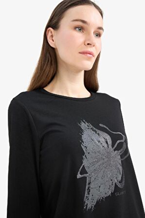 DeFacto Regular Fit Bisiklet Yaka Sim Baskılı Uzun Kollu Tişört E7123AX25SMBK81