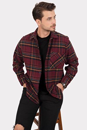 Bordo Sarı Çizgili Oversize Kalın Oduncu Gömlek