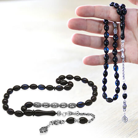 Kararmaz Metal Püsküllü Kişiye Özel İsim Yazılı Mavi-Siyah Sıkma Kehribar Tesbih