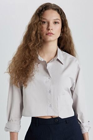 DeFacto Oversize Geniş Kalıp Crop Poplin Uzun Kollu Gömlek C5026AX24SPGR492