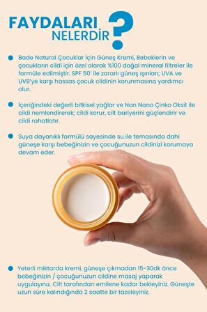 Bade Natural 50 Spf Yüksek Korumalı %100 Mineral Filtreli ve Doğal Çocuklar İçin Güneş Koruyucu Krem 50 ml