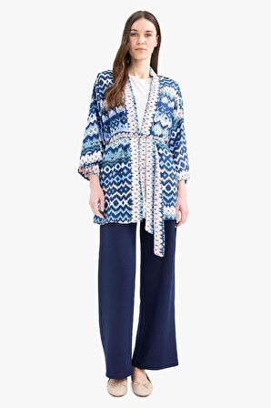 Relax Fit Desenli Kuşaklı Kimono