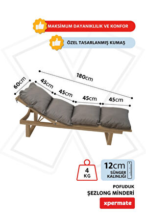 XPERMATE Pofuduk Şezlong Minderi 60x180x12Cm Su İtici,Katlanır,UV Güneş Dayanımı, Fermuar, Antrasit