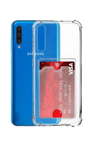 Galaxy A70 Kamera Köşe Korumalı Darbe Emici Silikon Şeffaf Kartlıklı Telefon Kılıfı Kapak