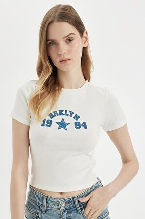 DeFacto Fitted Bisiklet Yaka Baskılı Ribana Kısa Kollu Tişört D1986AX24SMWT32