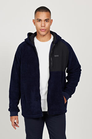 Erkek Lacivert Oversize Bol Kesim Kapüşonlu Sherpa Polar Sweatshirt Ceket