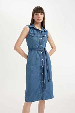 DeFacto Gömlek Yaka Kolsuz Kuşaklı Jean Midi Elbise B5432AX24SMNM28