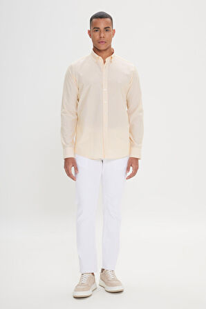 Slim Fit Dar Kesim Gizli Düğmeli Yaka Pamuklu Çizgili Gömlek