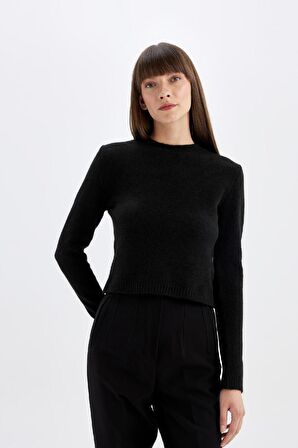 DeFacto Regular Fit Bisiklet Yaka Premium Basic Düz Crop Triko Kazak C9047AX24WNBK27
