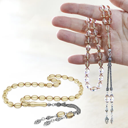 925 Ayar Gümüş Çift Püsküllü Arpa Kesim Şeffaf Beyaz Ateş Kehribar Tesbih