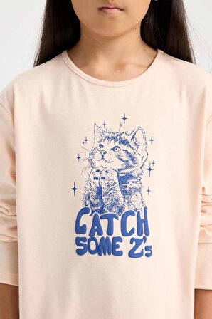 DeFacto Kız Çocuk Pijama Takımı Baskılı Uzun Kollu Üst Beli Lastikli Uzun Alt D7743A824WNPN434